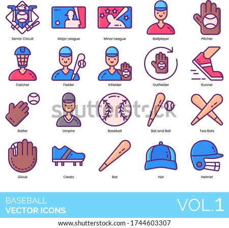 Baseball icons including senior circuit, major league, minor, ballplayer, pitcher, catcher, fielder, infielder, outfielder, runner, batter, umpire, ball, two bats, glove, cleats, hat, helmet.