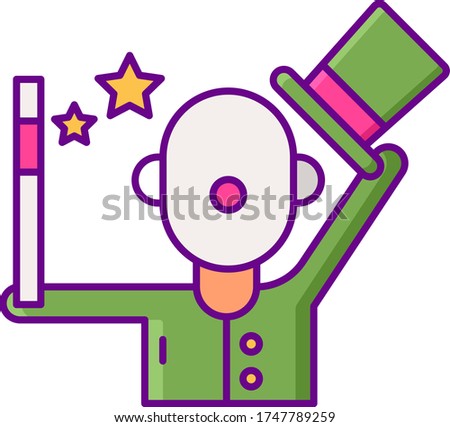 Flat vector icon illustration of magician taking off his hat and holding magic wand