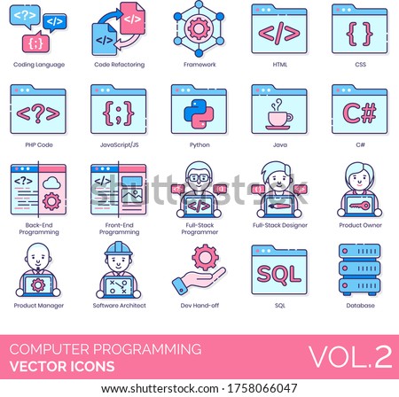 Computer programming icons including coding language, code refactoring, framework, HTML, CSS, PHP, javascript, python, java, C#, back-end, front-end, full stack programmer, dev hand-off, SQL, database