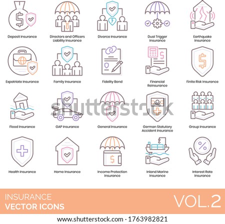 Insurance icons including deposit, director and officer liability, divorce, earthquake, expatriate, family, fidelity, reinsurance, finite risk, flood, GAP, general, income protection, inland marine.