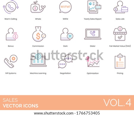 Sales icons including warm calling, whale, WIIFM, yearly report, job, bonus, commission, dark, dialer, fair market value (FMV), IVR system, machine learning, negotiation, optimization, pricing.