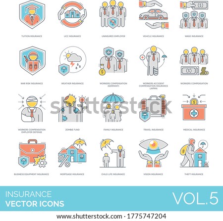 Insurance icons including tuition, UCC, uninsured, vehicle, war risk, workers accident compensation, employer defense, zombie fund, family, travel, business equipment, mortgage, child life, vision.