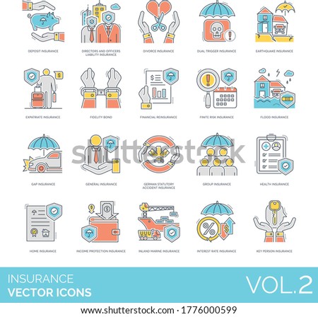 Insurance icons including deposit, divorce, dual trigger, earthquake, expatriate, fidelity bond, finite risk, flood, GAP, general, german statutory accident, group, health, interest rate, key person.