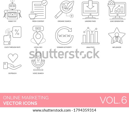 Online marketing icons including robot txt, fresh content, organic search, landing page, lead generation, click through rate, local seo, domain authority, analytics, influencer, outreach, voice.