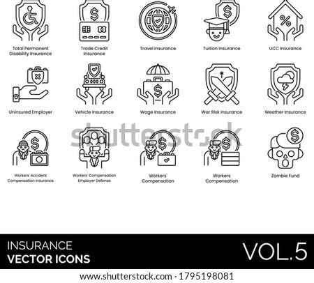 Insurance icons including total permanent disability, trade credit, travel, tuition, UCC, uninsured, vehicle, wage, war risk, weather, workers accident compensation, employer defense, zombie fund.