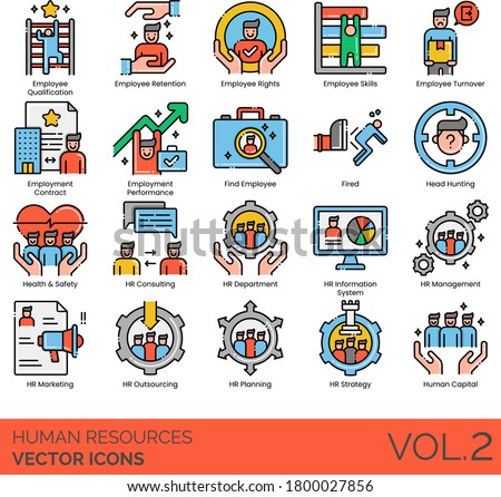 Human resources icons including employee qualification, retention, rights, skill, turnover, employment contract, performance, fired, headhunting, health, safety, HR consulting, department, information