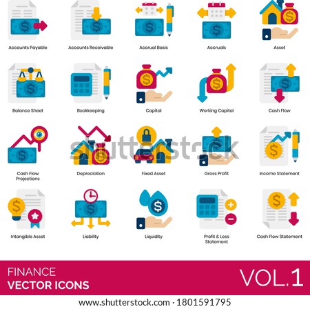 Finance icons including account payable, balance sheet, bookkeeping, working capital, cash flow projection, depreciation, fixed asset, gross profit, income statement, intangible, liability, liquidity.