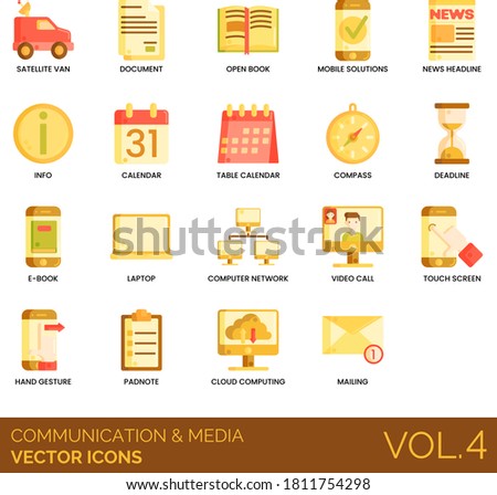 Communication icons including satellite van, document, open book, mobile solution, news headline, info, table calendar, compass, deadline, e-book, laptop, computer network, video call, touch screen.