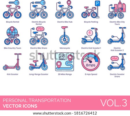 Personal transportation icons including electric bicycle rental, bike hub, parking, city, country tour, share, monocycle, kick scooter, long-range, 28 miles range, 8 mps speed.