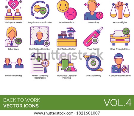 Back to work icons including workspace morale, mixed emotion, uncertainty, workers rights, labor law, disinfection chamber, virus test kit, drive through clinic, social distancing, health screening.