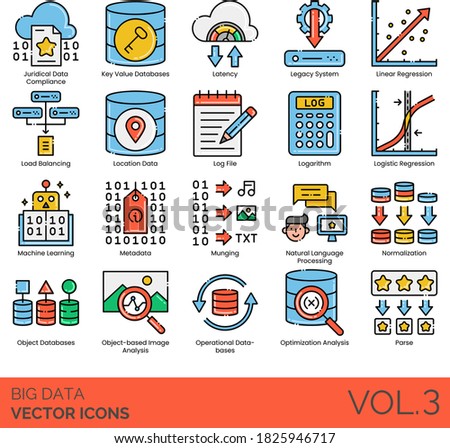 Big data icons including juridical compliance, key value database, latency, log file, logarithm, logistic, machine learning, metadata, munging, normalization, object based image analysis, optimization