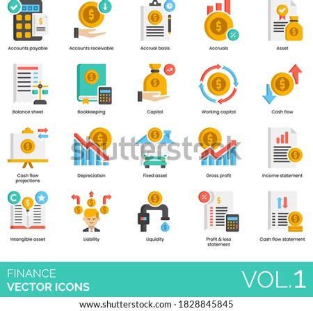 Finance icons including account receivable, accrual basis, balance sheet, bookkeeping, working capital, cash flow projection, depreciation, fixed asset, gross profit, income statement, liquidity, loss
