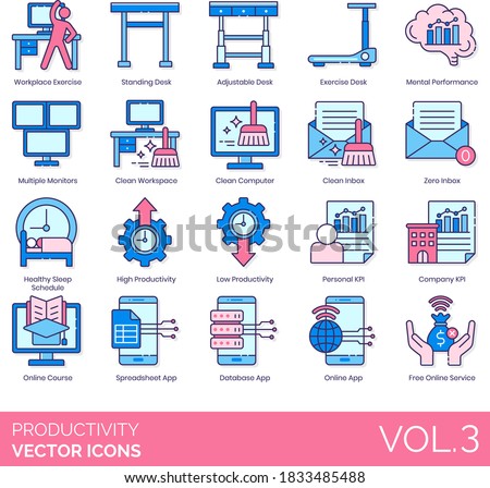 Productivity icons including workplace exercise, adjustable desk, multiple monitor, clean workspace, computer, zero inbox, personal KPI, company, online course, spreadsheet app, database, free service