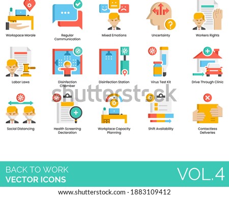 Back to work icons including workspace morale, mixed emotion, workers rights, labor law, disinfection chamber, social distancing, workplace capacity planning, shift availability, contactless delivery.
