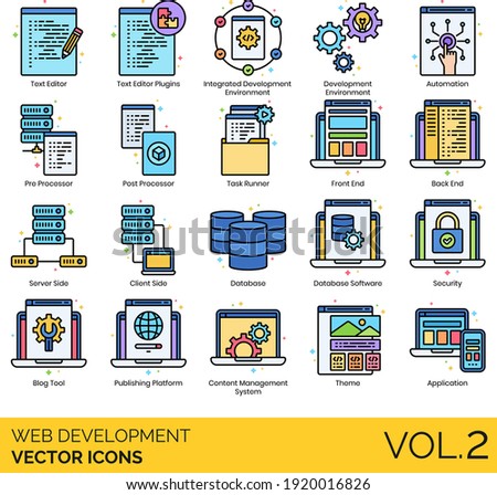 Web development icons including text editor plugin, IDE, environment, automation, pre-processor, post-processor, task runner, front-end, back-end, database software, blog tool, publishing platform. Сток-фото © 