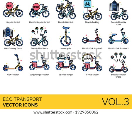 Eco transport icons including electric bicycle rental, bike hub, parking, city, country tour, share, monocycle, kick scooter, long-range, 28 miles range, 18 mps speed.