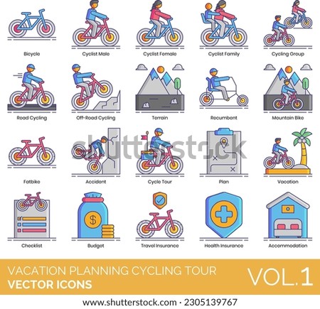 Vacation Planning - Cycling Tour Icons including Accident, Accommodation, Bicycle, Bidon, Hire, Light, Lock, Rack, Service, Shoes, Budget, Checklist, Cycle Tour, Cycling 