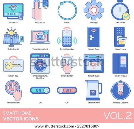 Smart Home Icons including 5G, Device, App, Appliance Control, Authentication, Automatic Irrigation, Battery, Biometrics, Bluetooth, Connected, Control Panel, Motion Sensor, Off, On, Power Button