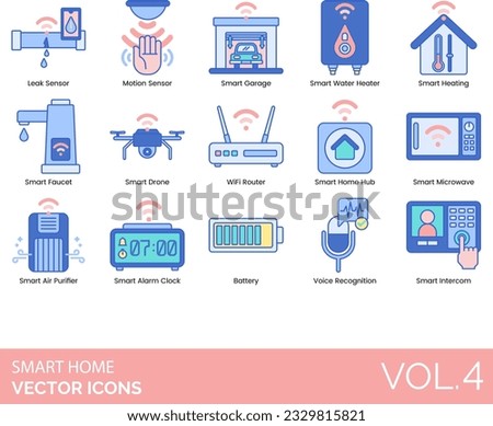 Smart Home Icons including 5G, Device, App, Appliance Control, Authentication, Automatic Irrigation, Battery, Biometrics, Bluetooth, Connected, Control Panel, Motion Sensor, Off, On, Power Button