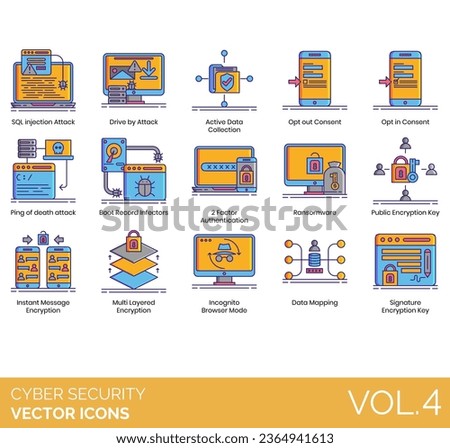 Cyber security icons including adverse action, anonymous information, application layer attack, DOS, DDOS, TCP SYN flood, teardrop, smurf, ping of death, botnets, session hijacking, IP spoofing