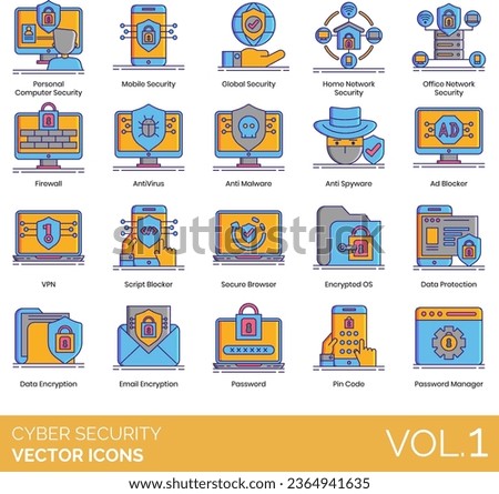 Cyber security icons including adverse action, anonymous information, application layer attack, DOS, DDOS, TCP SYN flood, teardrop, smurf, ping of death, botnets, session hijacking, IP spoofing