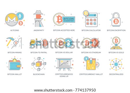 Bitcoin, blockchain & cryptocurrency flat icons. Altcoins, anonymity, bitcoin mining, calculator, encryption, paypal, dollar, ethereum wallet, cryptocurrencies going up, decentralized vector.