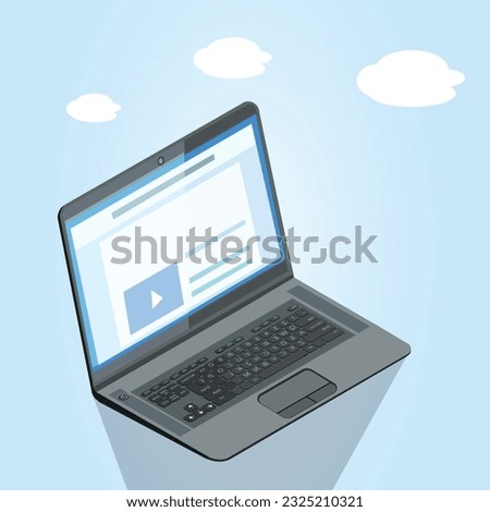 Online illustration template design with light blue gradient background and with animation in which a laptop is laying on ground with a sharp shadow. There are some clouds also.