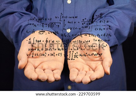 Several mathematical formulas float above two hands.
