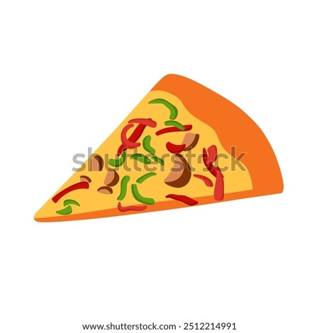 Pizza slice flat illustration icon vector with various toppings. Pizza logo. Fast food illustration.	