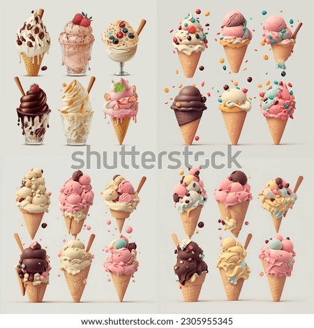 Ice cream 3d style realistic icon pack delicious vanilla of different flavors in a waffle cup
