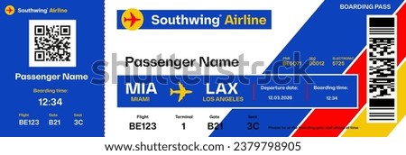 Low cost airline boarding pass template. Airplane ticket mock up. Flight information included: passenger name, gate, seat, date, time of flight, bar code, qr code. Vector illustration.