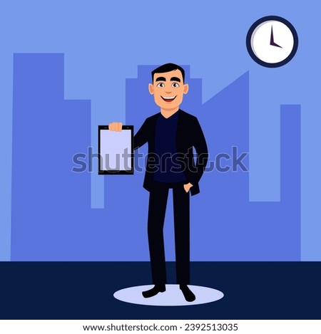 Immerse your designs in a scene of focused attention and intention with this illustrative portrayal of a man standing confidently, holding a page. Ideal for presentations, announcements.