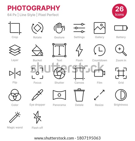 Simple Icon Set of Photography. Line Icon for Photography, Cinema, Movie, lenses, gallery, graphic, adjustment, technologhy, camera, gesture, layer, magic wand and more