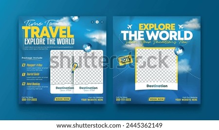 Set of travel sale social media post template. Summer beach holiday, traveling agency business offer promotion.tourism advertisement banner design.