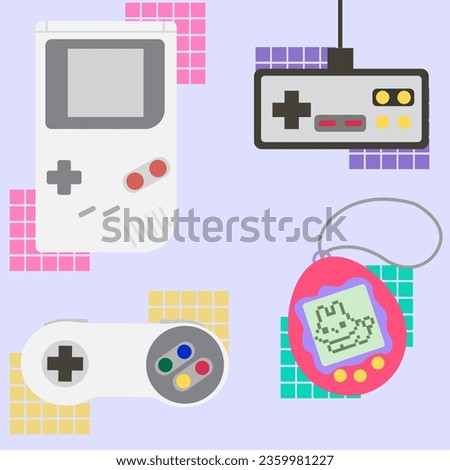 Set of retro video game consoles. Tamagotchi, gamepad, gameboy, controller. Vector illustration. 