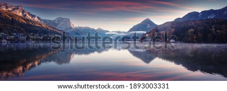 Impressively beautiful Fairy-tale mountain lake in Austrian Alps. colorful  Scenery. Panoramic view of beautiful mountain landscape in Alps with Grundlsee lake, concept of an ideal resting place.  