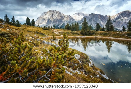 Similar – Image, Stock Photo Tofana di Rozes reflected in small pond on Passo Falzarego, Dolomites in the Province of Belluno, Veneto, Italy