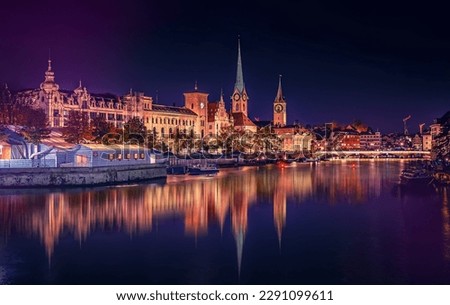 Similar – Image, Stock Photo Zurich cityscape with blue tram in the old city center