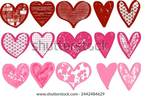 A set of red, pink, crimson hearts of different shapes with different fills for overlay. Use in banners, patterns, layouts, postcards, leaflets.