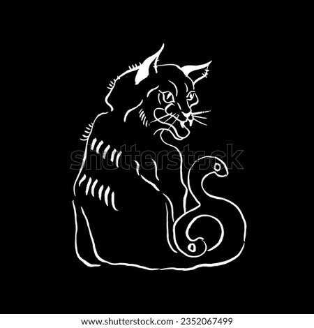 Vector image of Bakeneko youkai. Demon cat with two tails. White on black. Drawing, calligraphy, doodle, sketch. Legends, fairy tales, Japanese folklore, monster, Halloween. Eps10