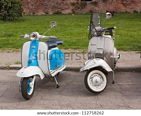 IMOLA (BO) ITALY - APRIL 29:  vintage italian scooters Lambretta and Vespa at motorcycle rally \