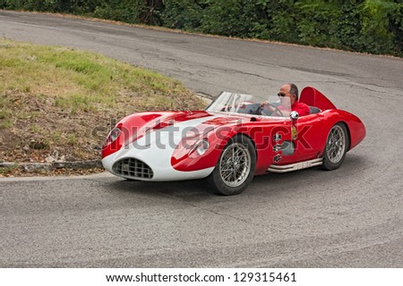 PREDAPPIO, ITALY - JULY 21: unidentified driver on ancient racing car Bandini 750 Sport at rally \