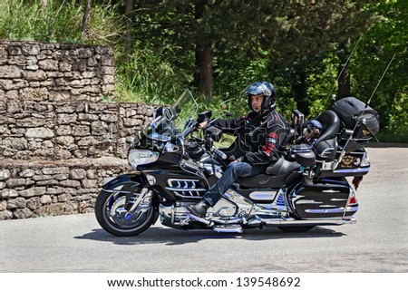 PREDAPPIO (FC) ITALY - MAY 12: super equipped cruiser motorbike Honda Goldwing at motorcycle rally \