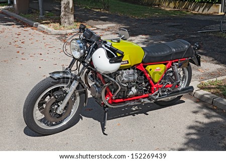 SAN PATRIZIO, RA,, ITALY - AUGUST 25: vintage motorcycle Moto Guzzi V7 Sport, rare red frame (pre-series of 150 units, 1971) at XXIX rally \