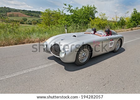 COLLE DI VAL D\'ELSA, SI, ITALY - MAY 17: unidentified crew on a vintage sport car Veritas Comet RS (1949) runs in historical race Mille Miglia, on May 17, 2014 in Colle di Val d\'Elsa, SI, Italy