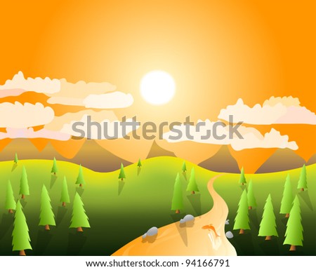 illustration of a sunny mountain landscape with spruce trees and a river where a fish swims