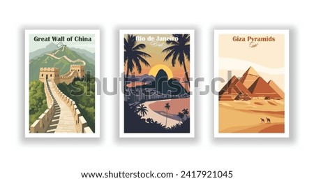 Giza Pyramids. Great Wall of China. Rio de Janeiro, Brazil. Vintrage travel poster. Wall Art and Print Set for Hikers, Campers, and Stylish Living Room Decor.