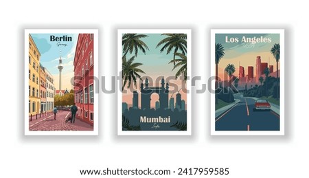 Berlin, Germany. Los Angeles, USA. Mumbai, India. Vintrage travel poster. Wall Art and Print Set for Hikers, Campers, and Stylish Living Room Decor.