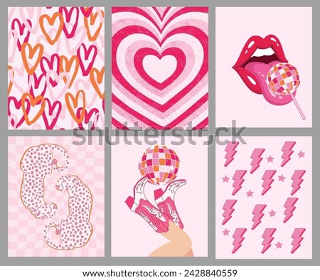 Preppy Room Decor Set 6 Posters, Pink Aesthetic Poster, Pink Smile, Pink And Orange Cheetah Poster, Howdy Cowgirls Art, Funny Disco Ball For Funny Bathroom, Vector illustration