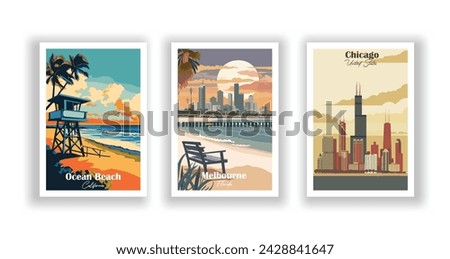 Chicago, United States. Melbourne, Florida. Ocean Beach, California - Vintage travel poster. Vector illustration. High quality prints